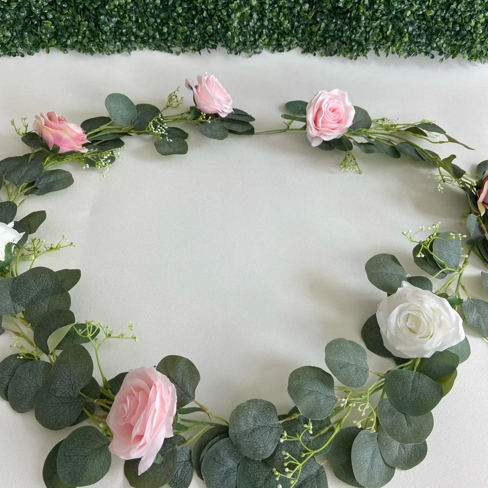 2 count Pink and White Rose Eucalyptus Seeded Flower Buds Garlands 6 feet